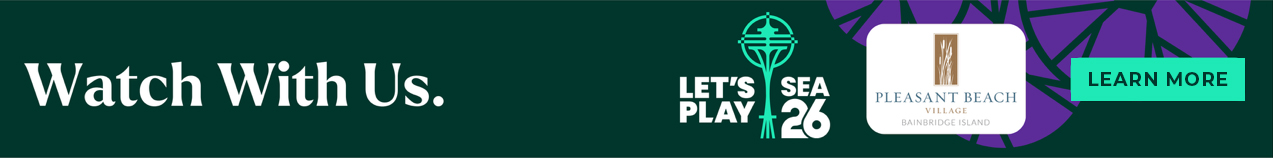watchwithus Dark green banner with 'Watch With Us', three logos (Let's Play Sea 26, Pleasant Beach Village Bainbridge Island) and a teal 'Learn More' button.