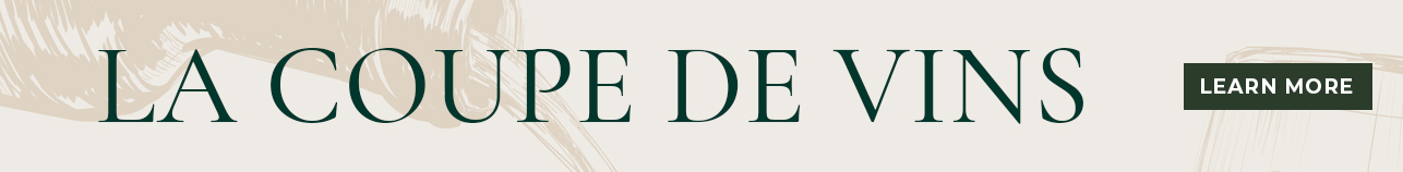 wine Hero banner with the title 'LA COUPE DE VINS' on a cream background with beige brush strokes and a dark green 'Learn More' button